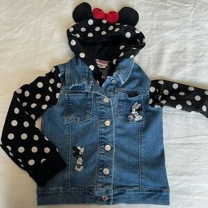 Disney Junior Minnie Mouse Denim Jacket Polka Dot Hooded Sweatshirt Girls Size 6